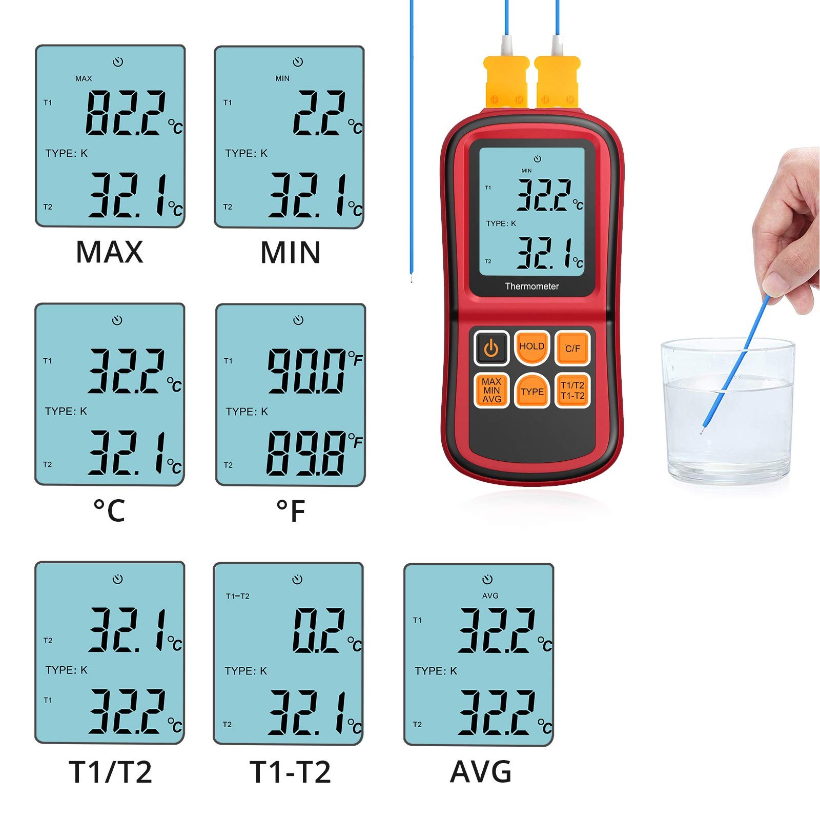 Digital Thermometer with Dual K Type Probes, High Temp Meter, LCD Display
