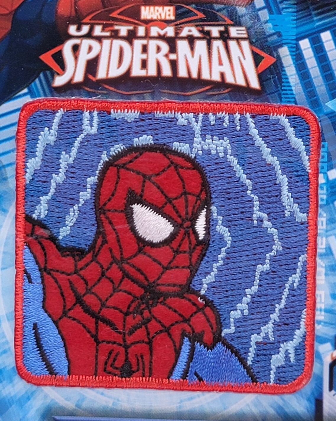 Disney Marvel Ultimate Spider-Man Iron-On Patch: Blue Comic Head Square New Ship