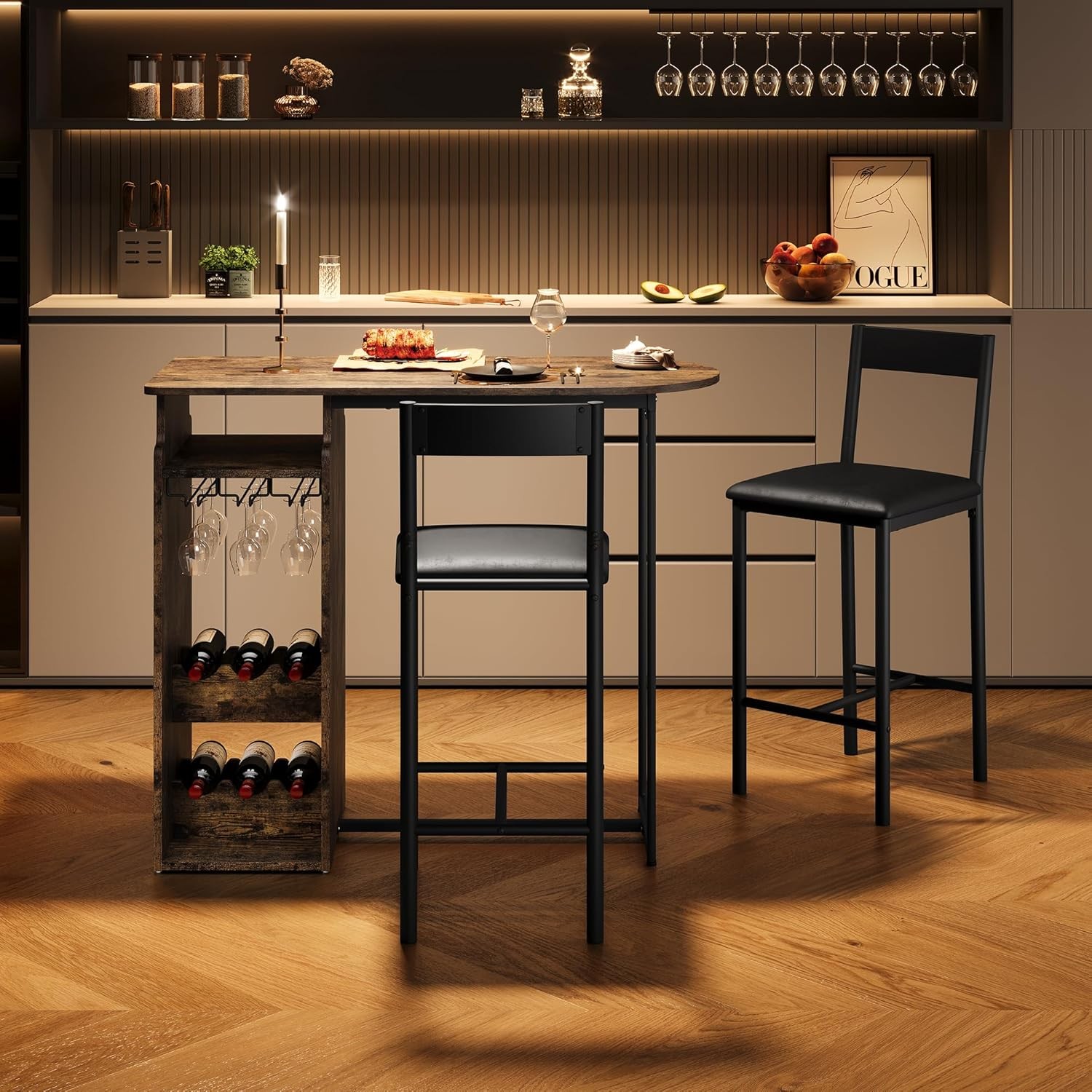 Vintage Pub Table Set for 2 with Triple-Tier Wine Rack for Bar & Dining Areas