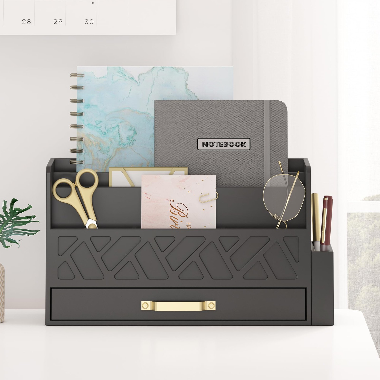 Wisuse Desk Mail Organizer with Drawer - Bamboo Wooden File Bill Sorter Stora...