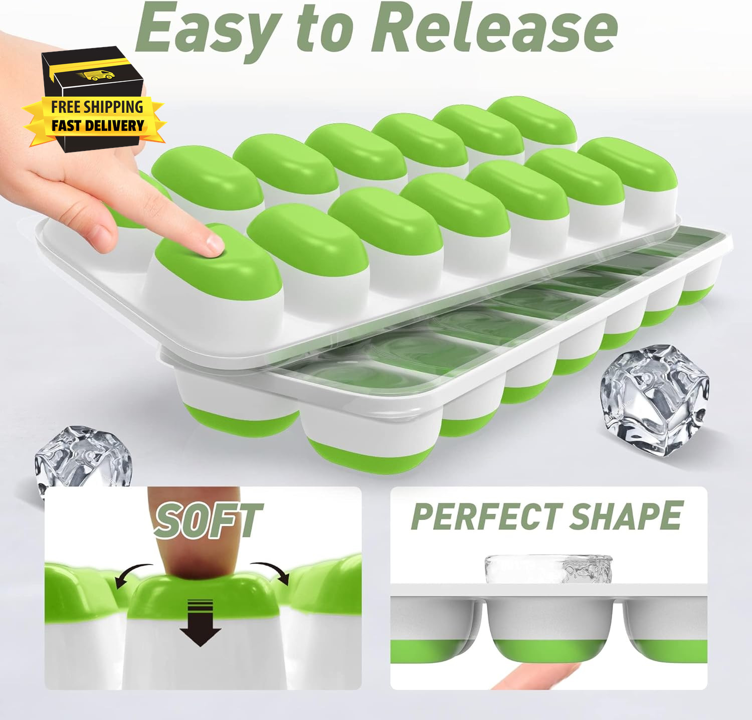 Ice Cube Tray with Lid, 2 Packs 28 Cubes Durable Stackable Ice Cube Trays for Fr