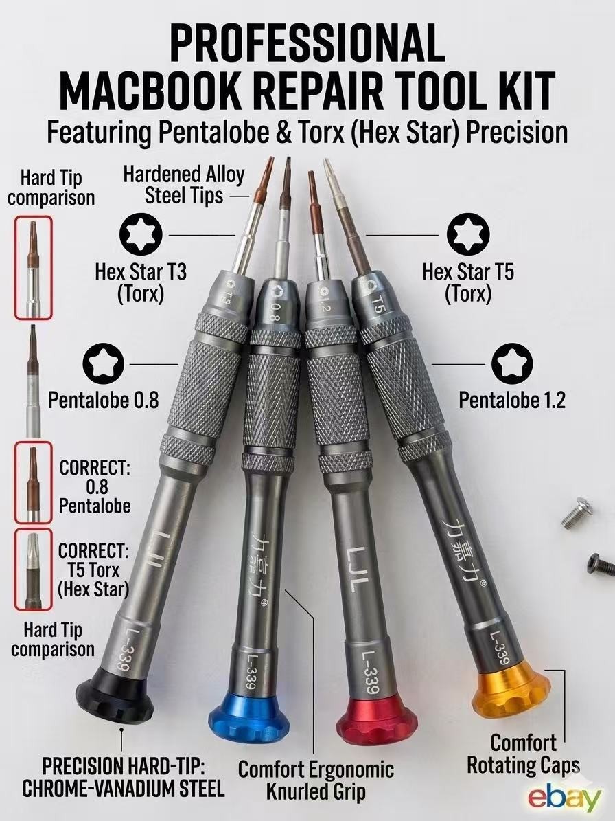 Professional MacBook Repair Screwdriver Pentalobe 0.8 1.2 Torx T3 T5 Precision