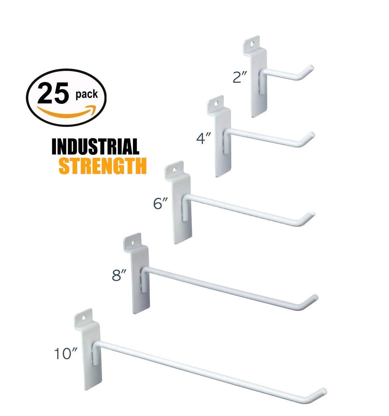 White Slatwall Hooks Combo Pk of 25 Assorted Sizes(5) of Ea 2",4",6", 8" & 10"