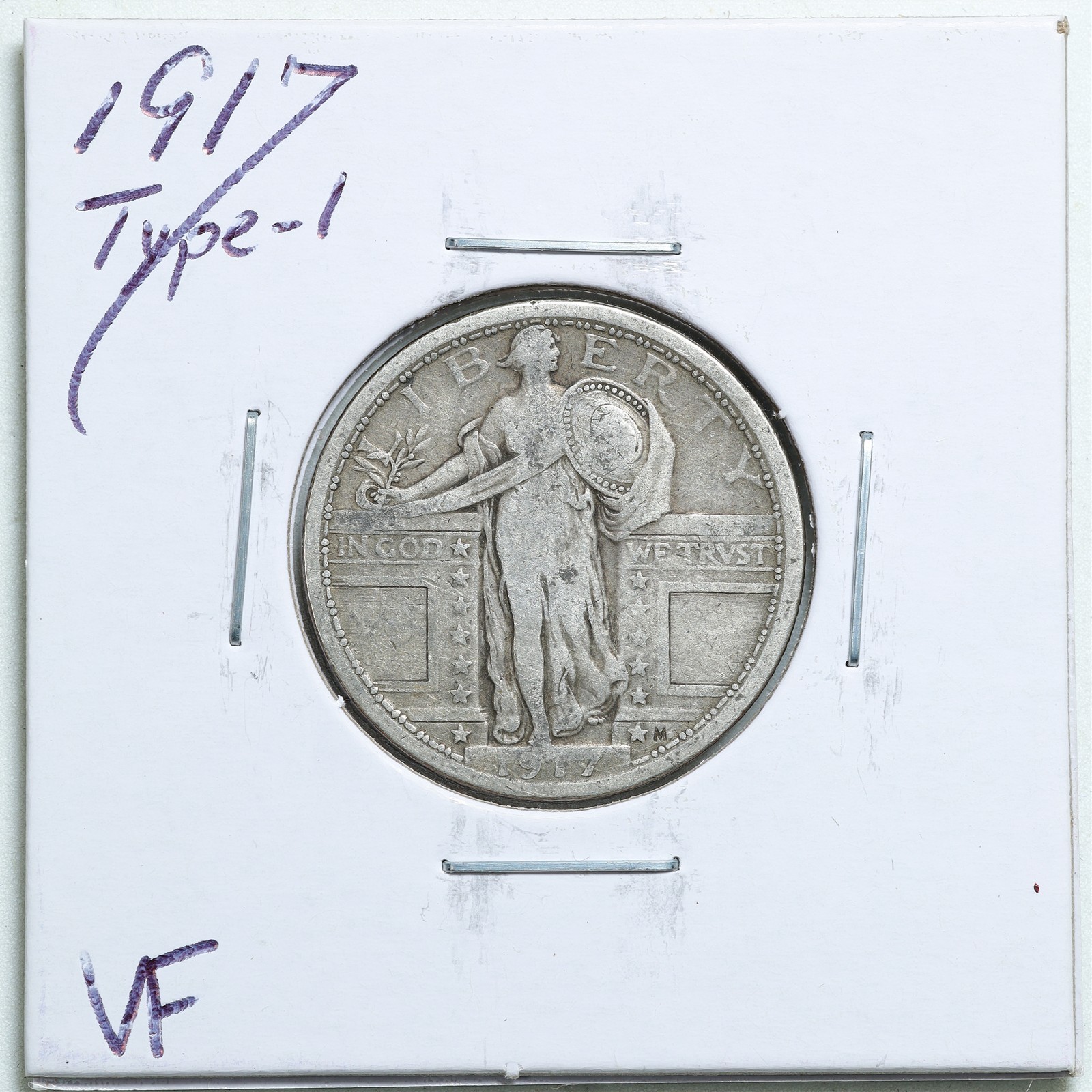 1917 Type-1 25C Standing Liberty Silver Quarter Dollar in VF Condition #6341