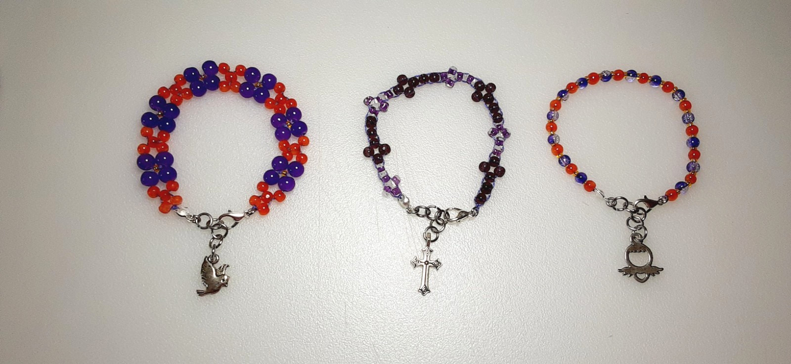 HANDMADE ADJUSTABLE 3PC STAINLESS PURPLE & ORANGE GLASS BEADED BRACELETS
