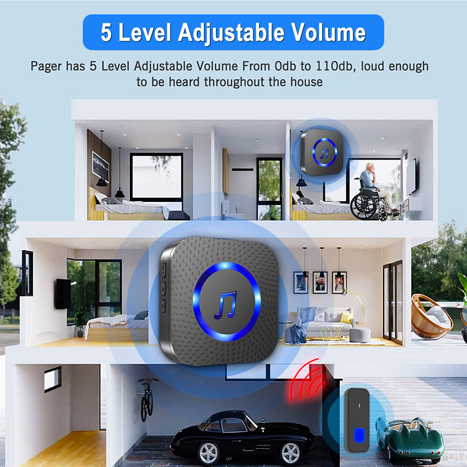 Home wireless doorbell with 4 buttons, suitable for multi-point calling,Black