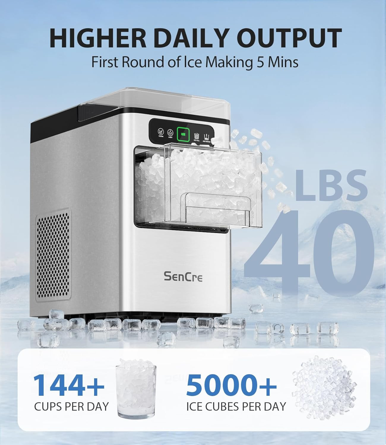 Nugget Ice Maker 40Lbs/Day, Countertop Ice Maker Soft Chewable Ice, Ice Makers O