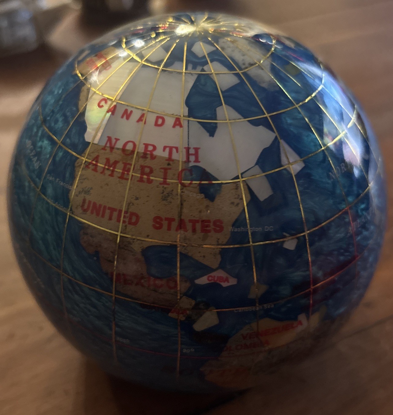 Stunning Vintage Kalifano 3” Globe Paperweight Bahama Blue Opalite Ocean World