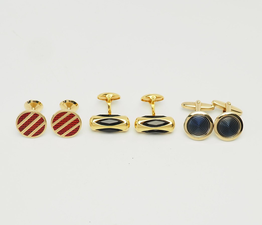 Lot of three vintage gold tone metal enamel designer cufflink pairs