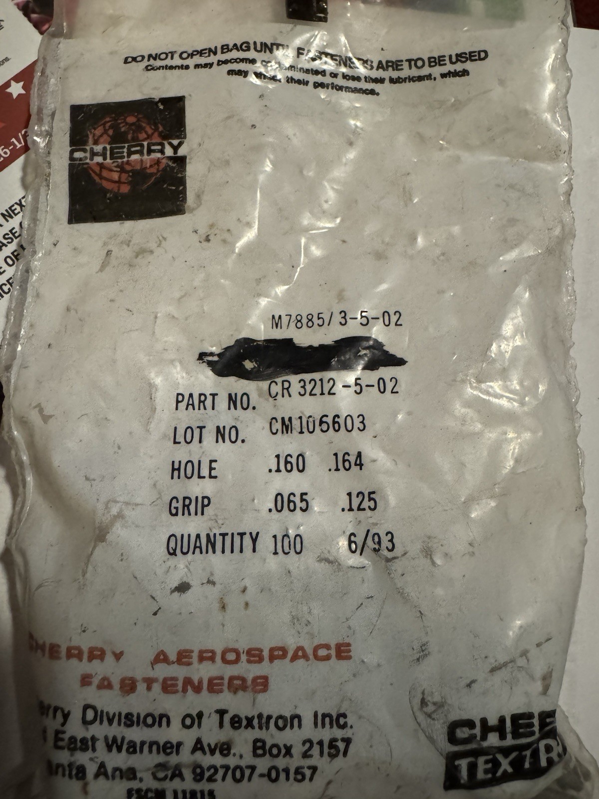 New Textron Aerospace CherryMax Rivet P/N CR3212-5-02. Quantity 10
