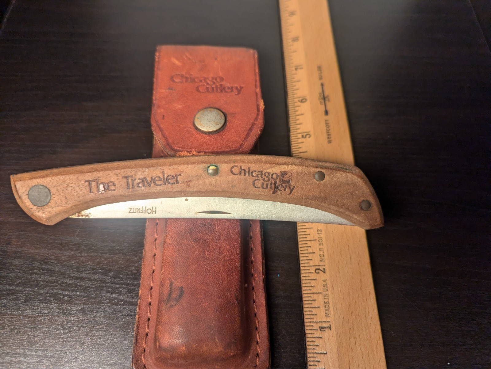 Chicago Cutlery The Traveler Folding Lockback Knife Wood Handle w Leather Sheath