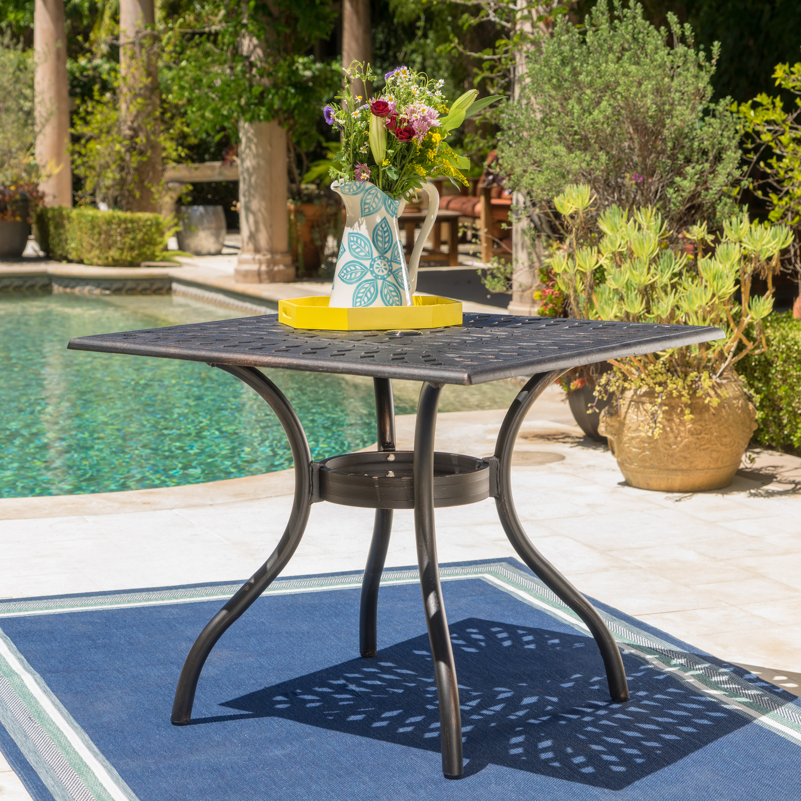 37" Square Cast Aluminum Outdoor Patio Dining Table Porch Deck W/ Umbrella Hole