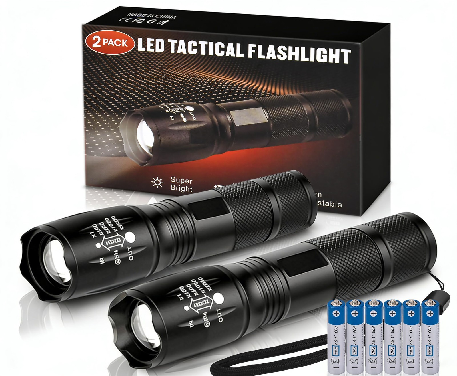 Zoomable LED Flashlights 5 Modes Bright Tactical Torch High Lumens 2Pack