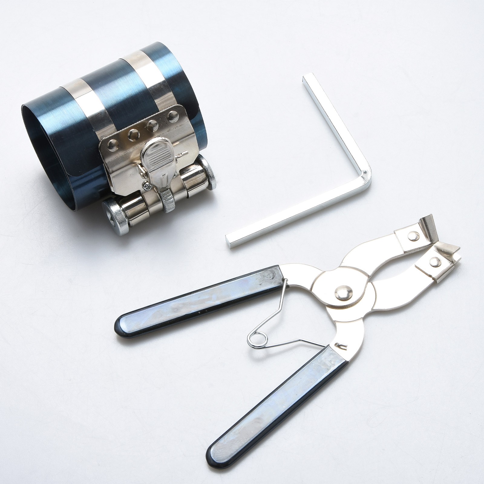 Compact Piston Ring Compressor Tool Set with Pliers & Wrench for Engine Overhaul