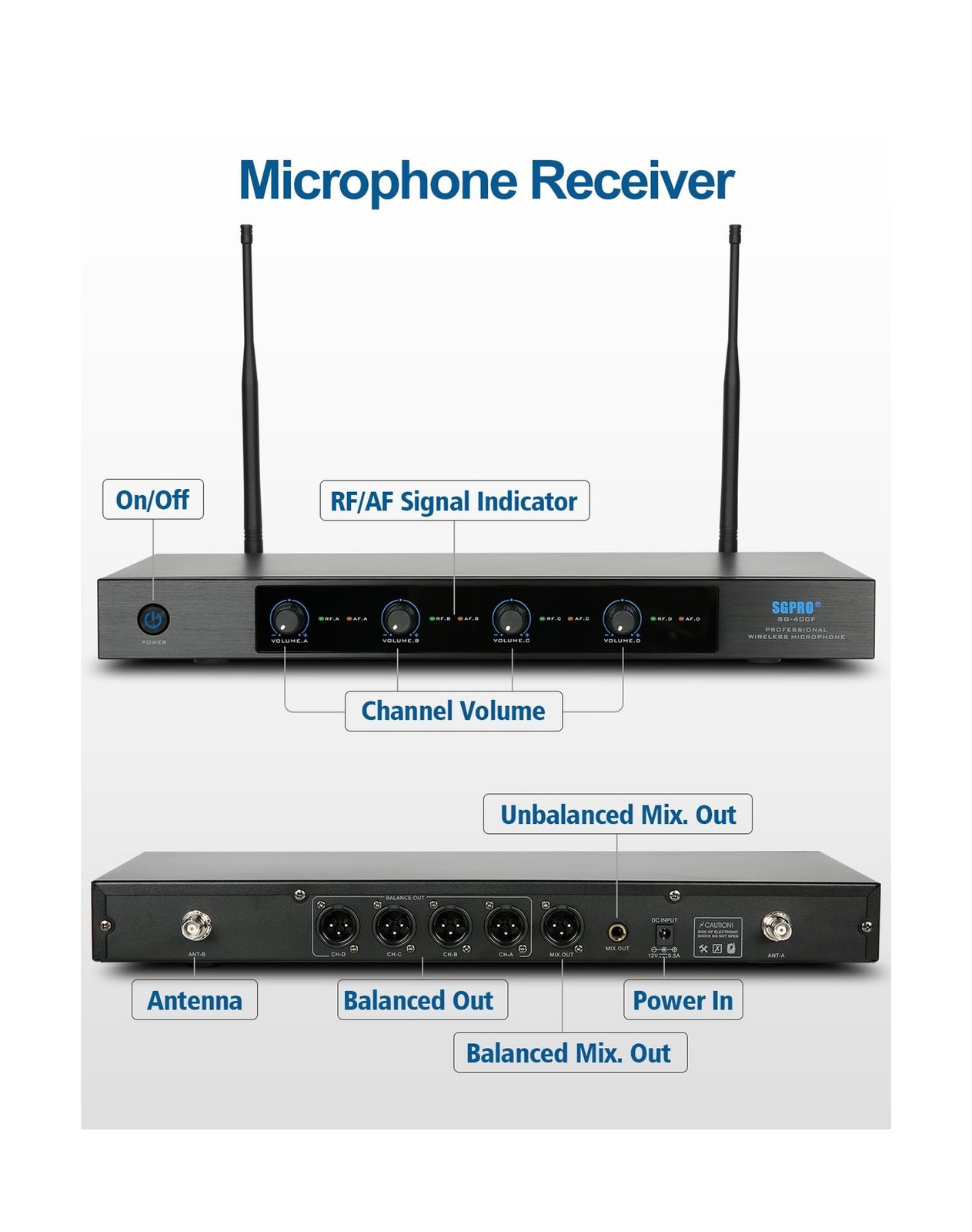 4-Channel Wireless Microphone System - 250Ft Range, Metal Mics & Receiver, Fi...