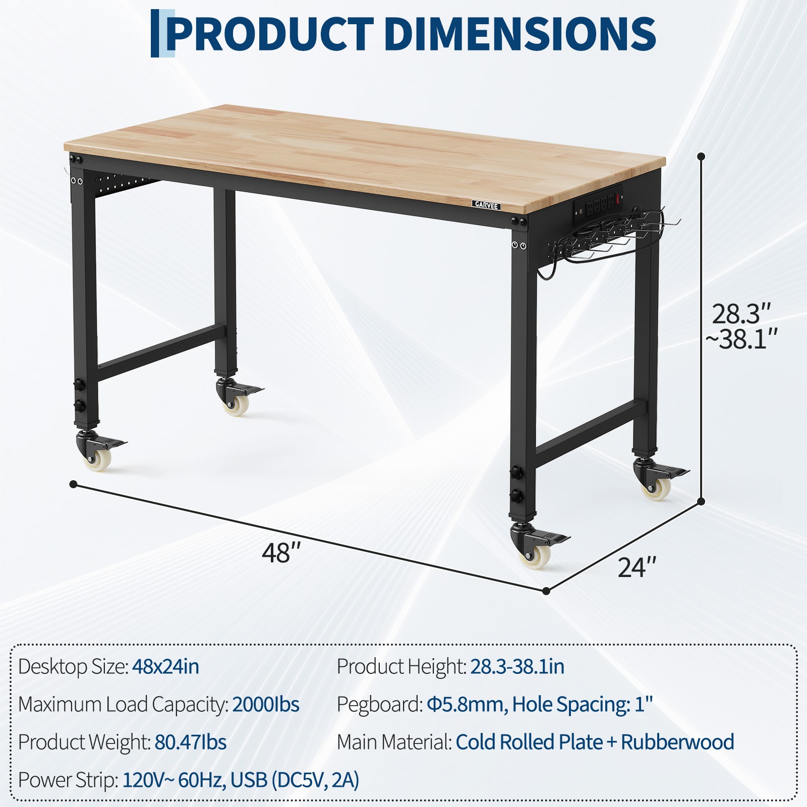 48x24 in Adjustable Height Workbench 2000 lb with Power Outlets & Swivel Casters