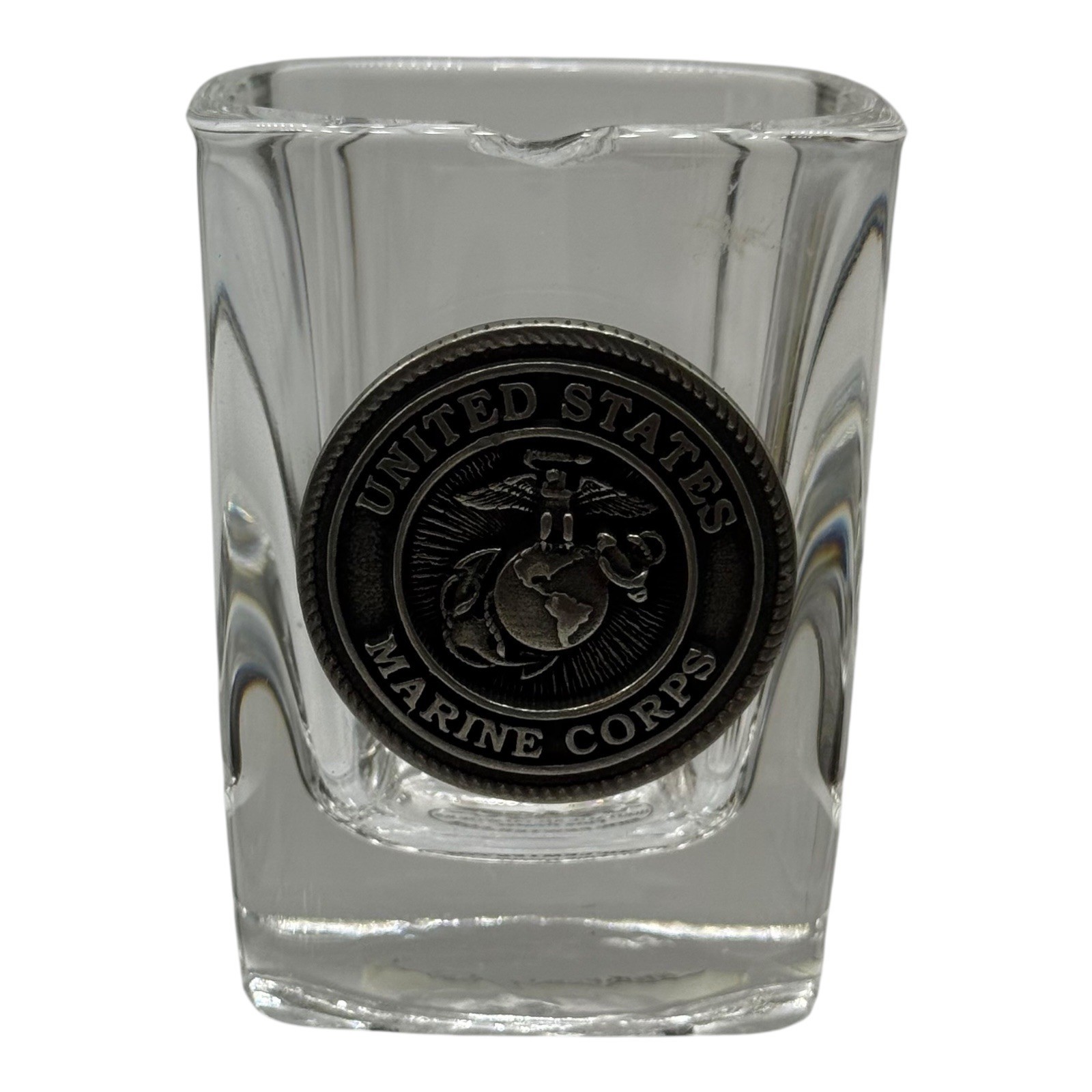 USMC United States Marine Corps Square Shot Glass Pewter Medallion Excellent