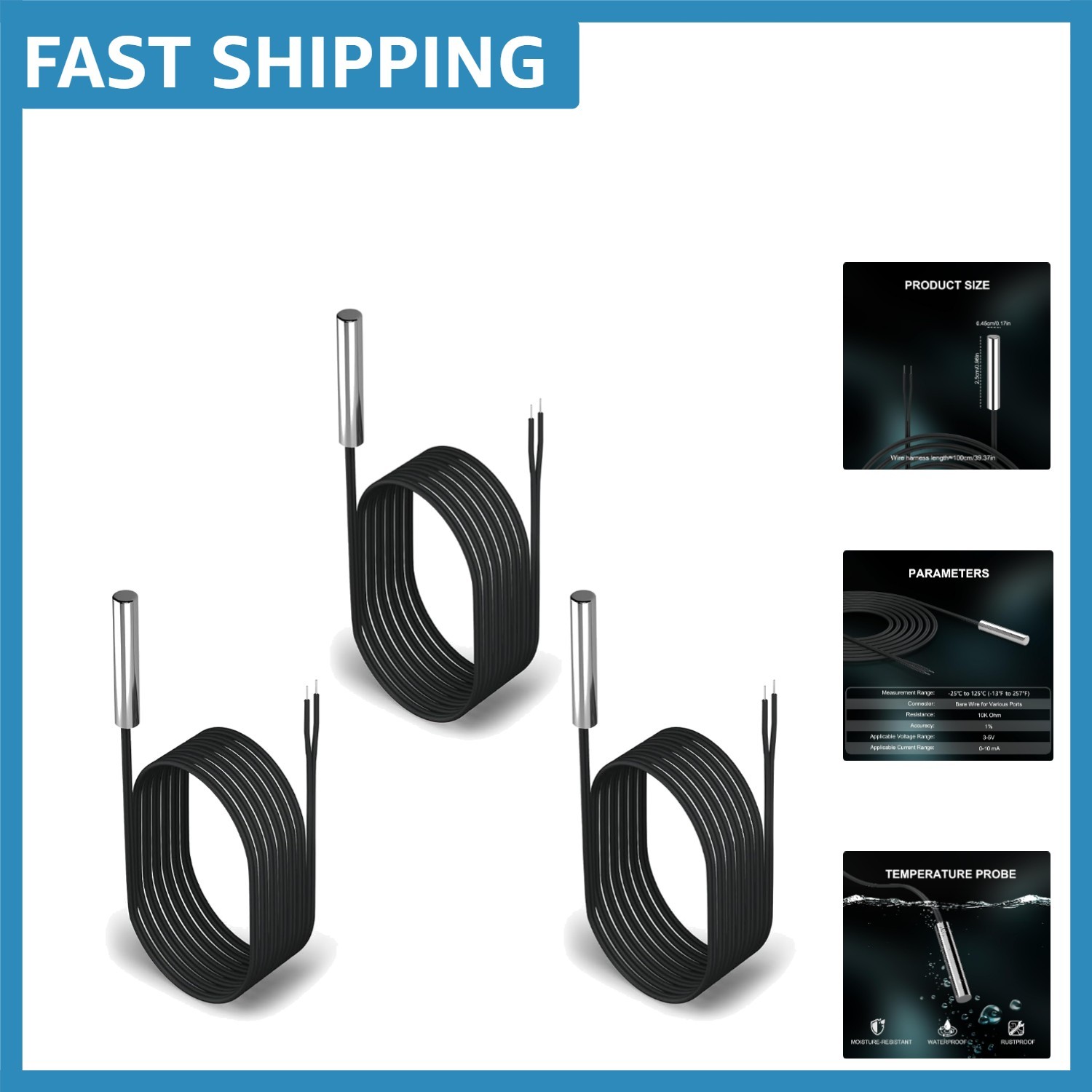 10K Temperature Sensor Probes - Waterproof 1 Meter Stainless Steel Set