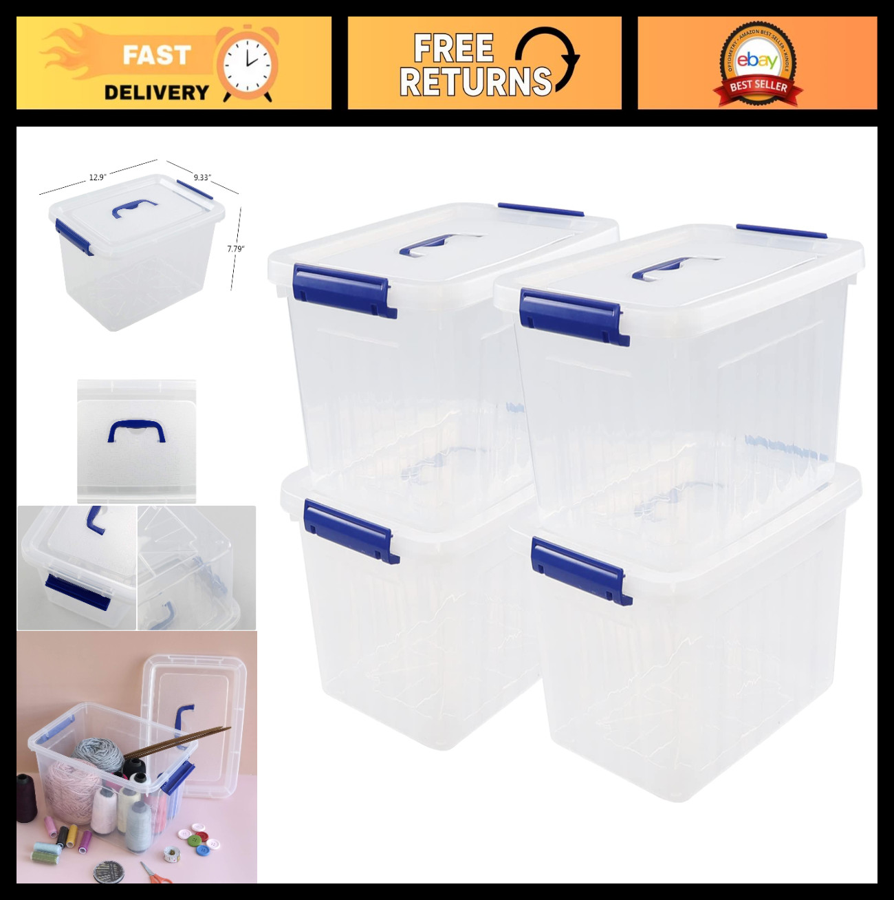 10L Clear Plastic Storage Box 4-Pack | Stackable, Dustproof, Secure Latches, Hom
