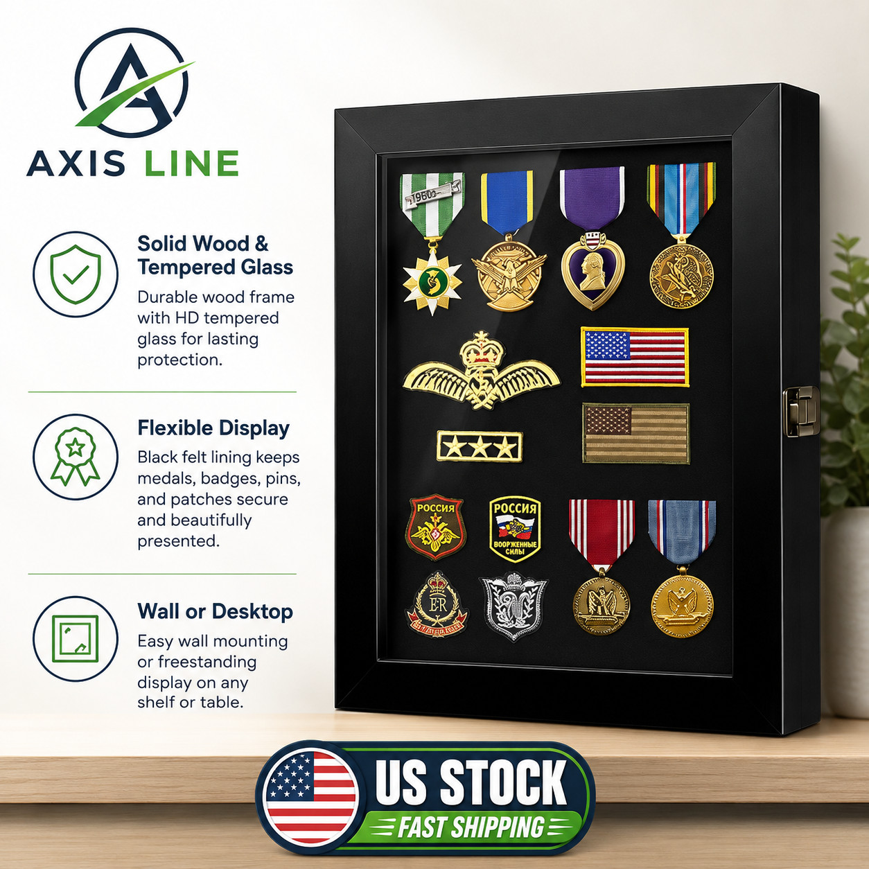 11x14 Solid Wood Shadow Box Display Case for Military Medals & Pins, HD Glass