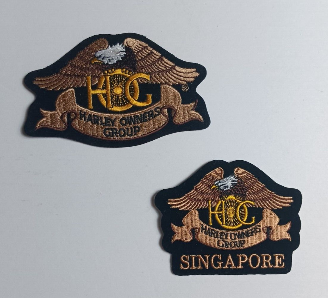 TWO HARLEY DAVIDSON HOG PATCHES 5" X 3" HARLEY OWNERS GROUP ONE SINGAPORE 1 REG