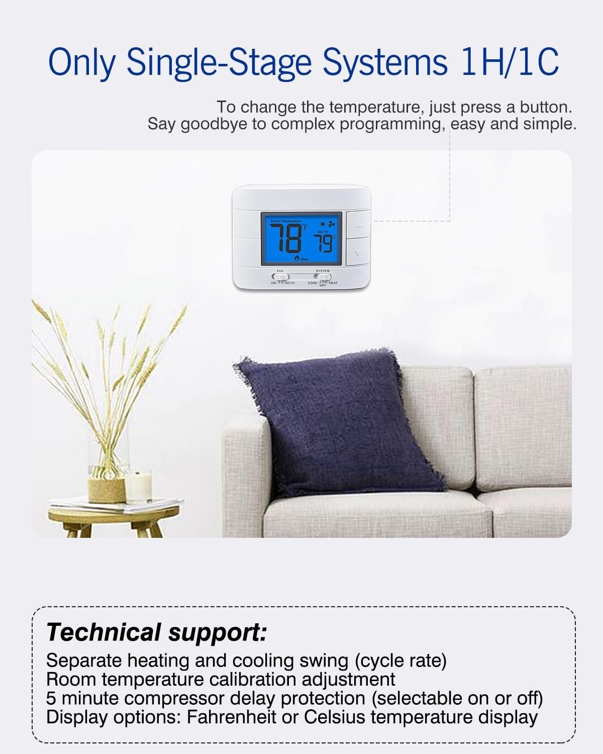 Non-Programmable Thermostat for 1 Heat/1 Cool Systems with Blue Backlit Display