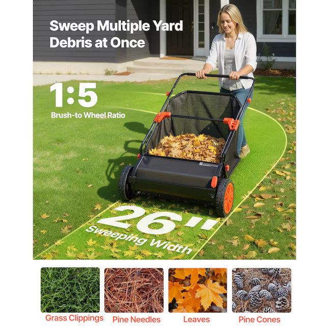 VEVOR 26" Push Lawn Sweeper w/ 7 cu.ft Hopper & Adjustable Brushes