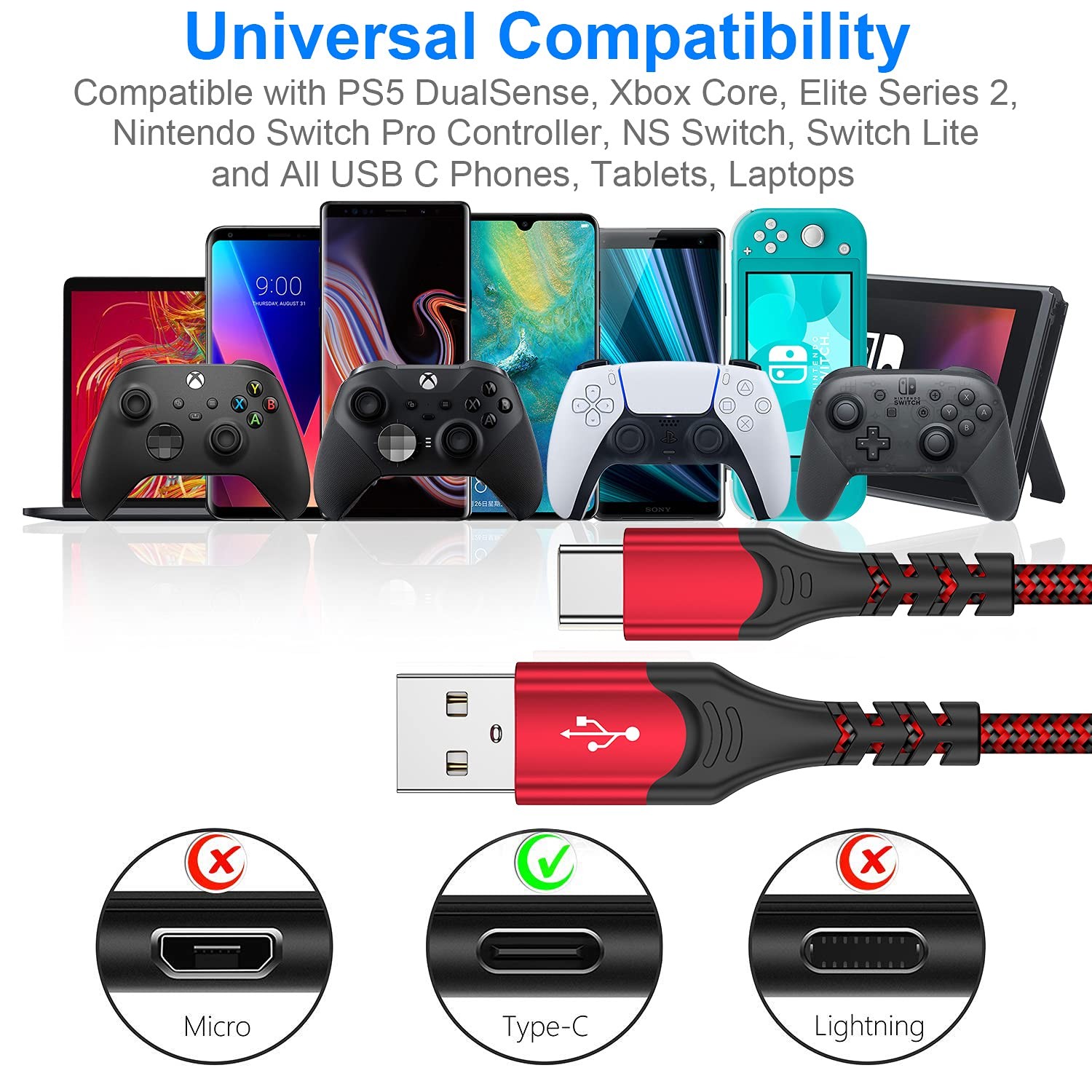PS5 Controller Charger Charging Cable – 2 Pack 10FT Type C to USB A Data...