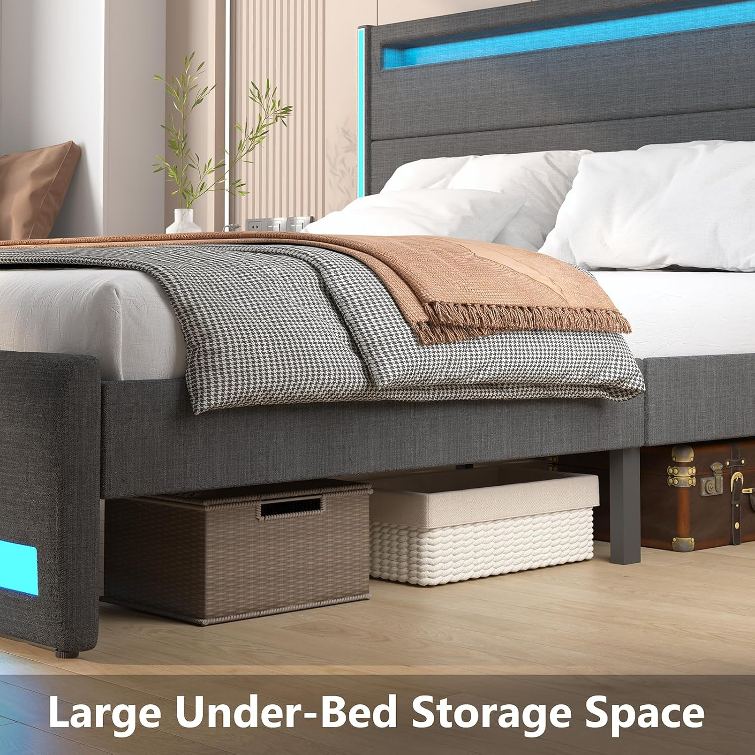 King Size Bed Frame and Adjustable Headboard, Light up King Size Platform Bed Fr