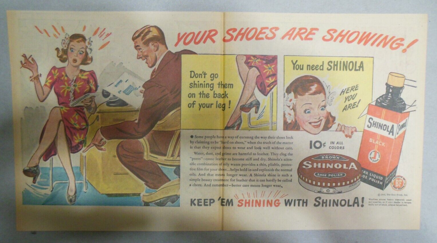 Shinola Shoe Polish Ad: Your Shoes Are Showing ! 1940's Size:  7.5  x 15 inches