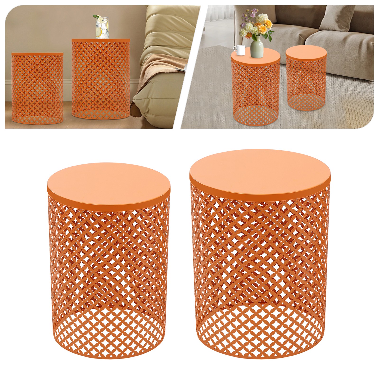 2× Orange Side Table Metal Frame Accent Table Modern Openwork Pattern End Table