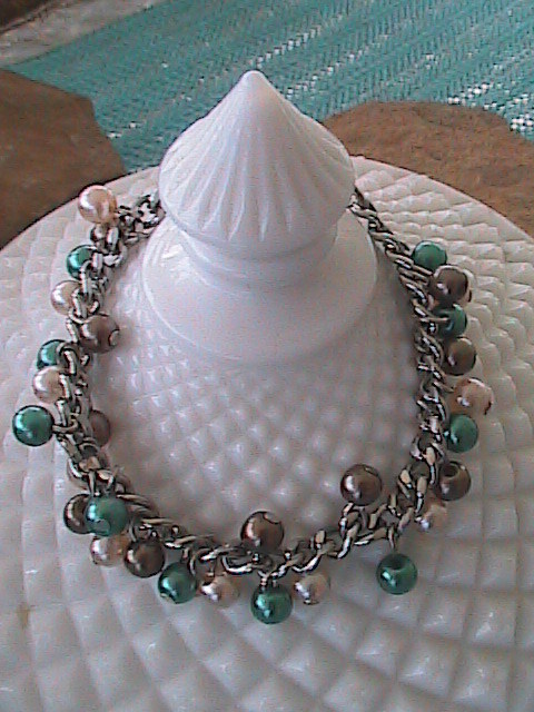 Chain & Glass Bead Bracelet - Pink, Teal & Copper