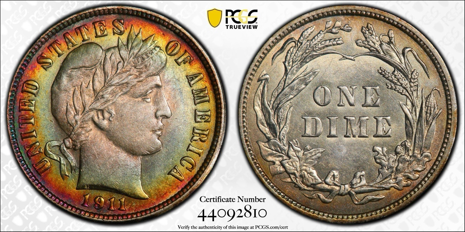 1911 10c Barber Dime PCGS AU53 Toned