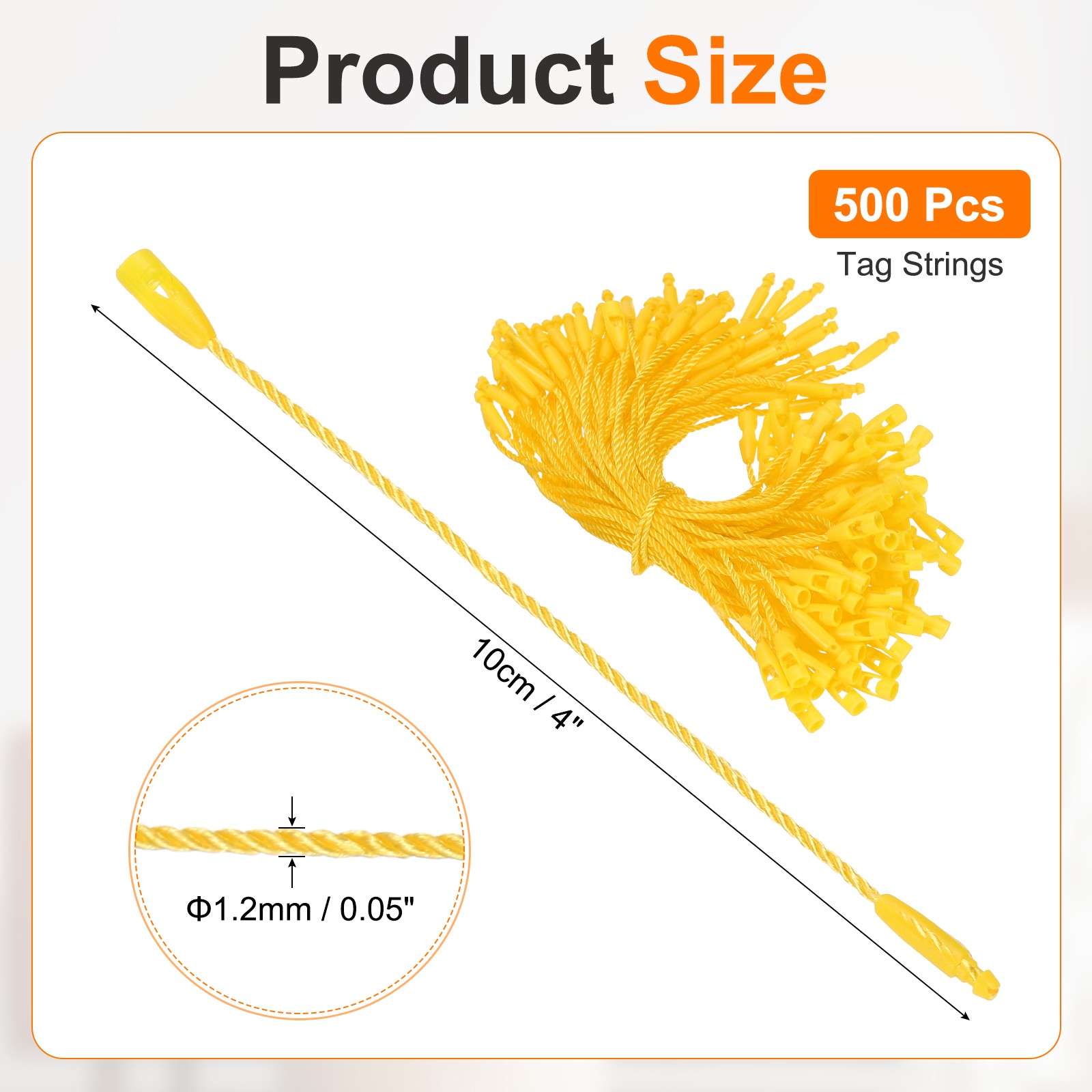 500 Pcs Polyester Hang Tag String 4" Snap Lock Pins Loop Fastener, Yellow
