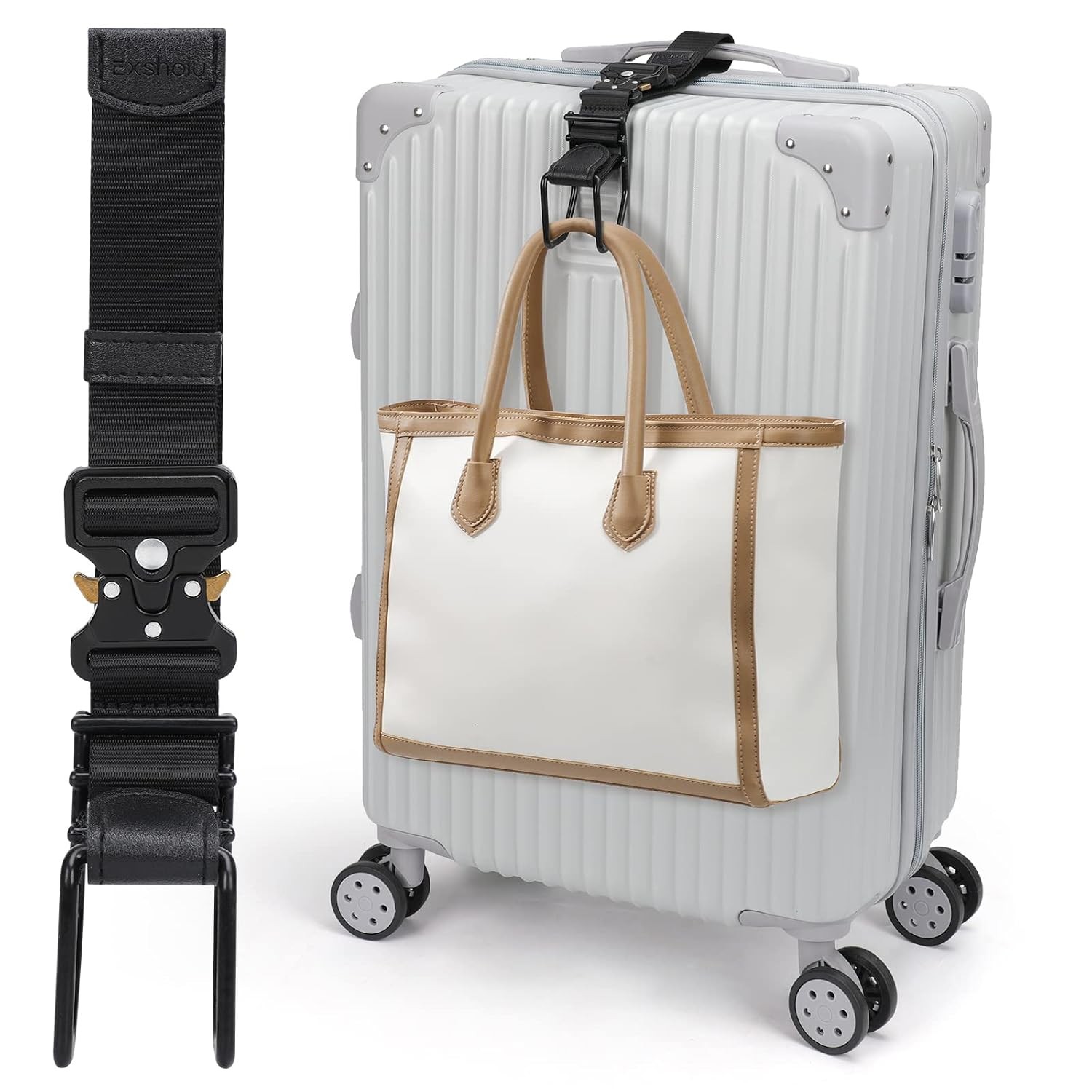 Adjustable Luggage Strap with Black J Hooks Bag Hooks for Travel Luggage