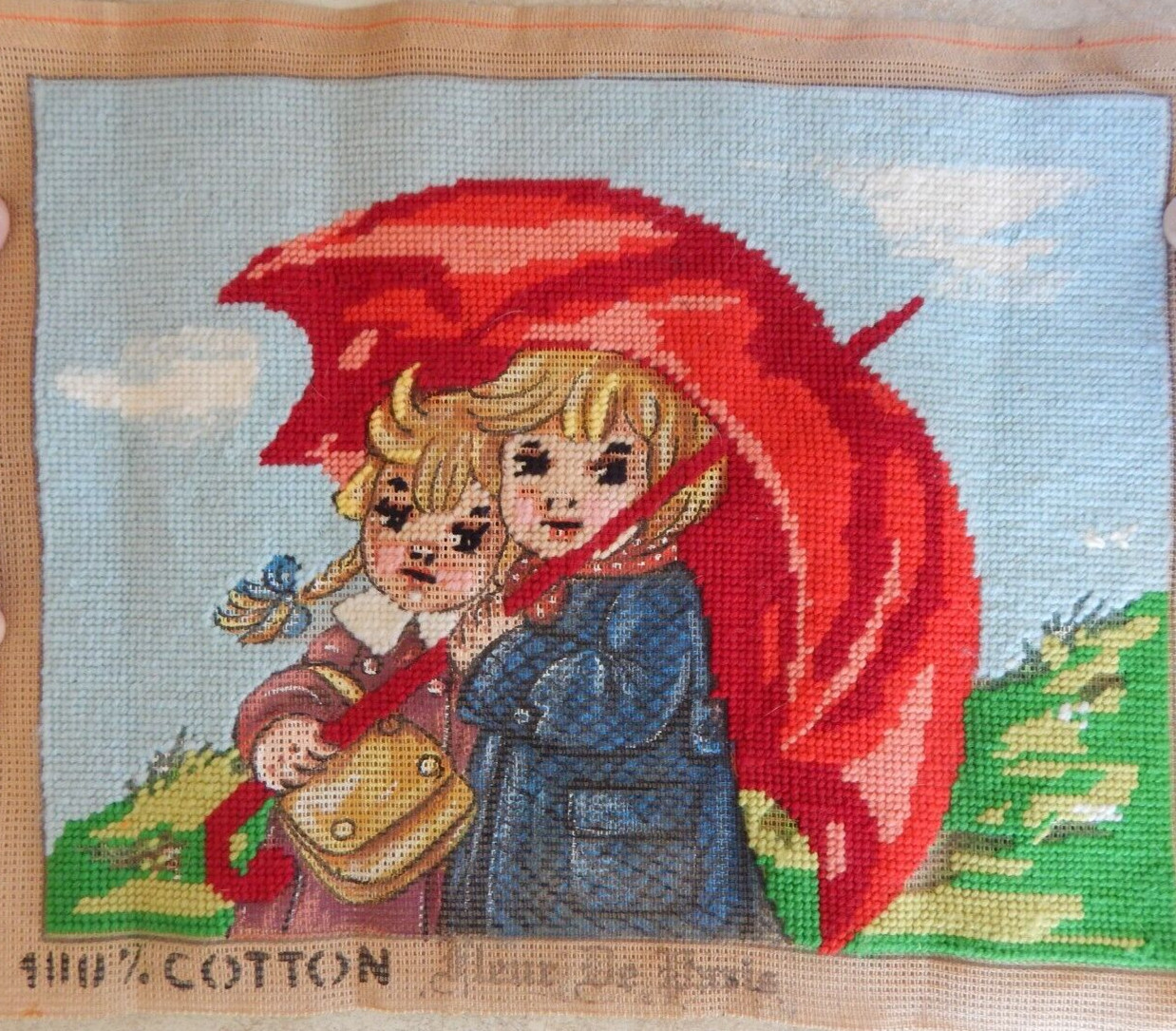 Started/Unfinished Needlepoint Piece Fleur de Paris Hand Painted Kids in Rain