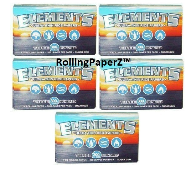 BUY FIVE Packs 1 1/4 Elements Ultra Thin Rice Rolling Papers 300 Leaves Per Pack