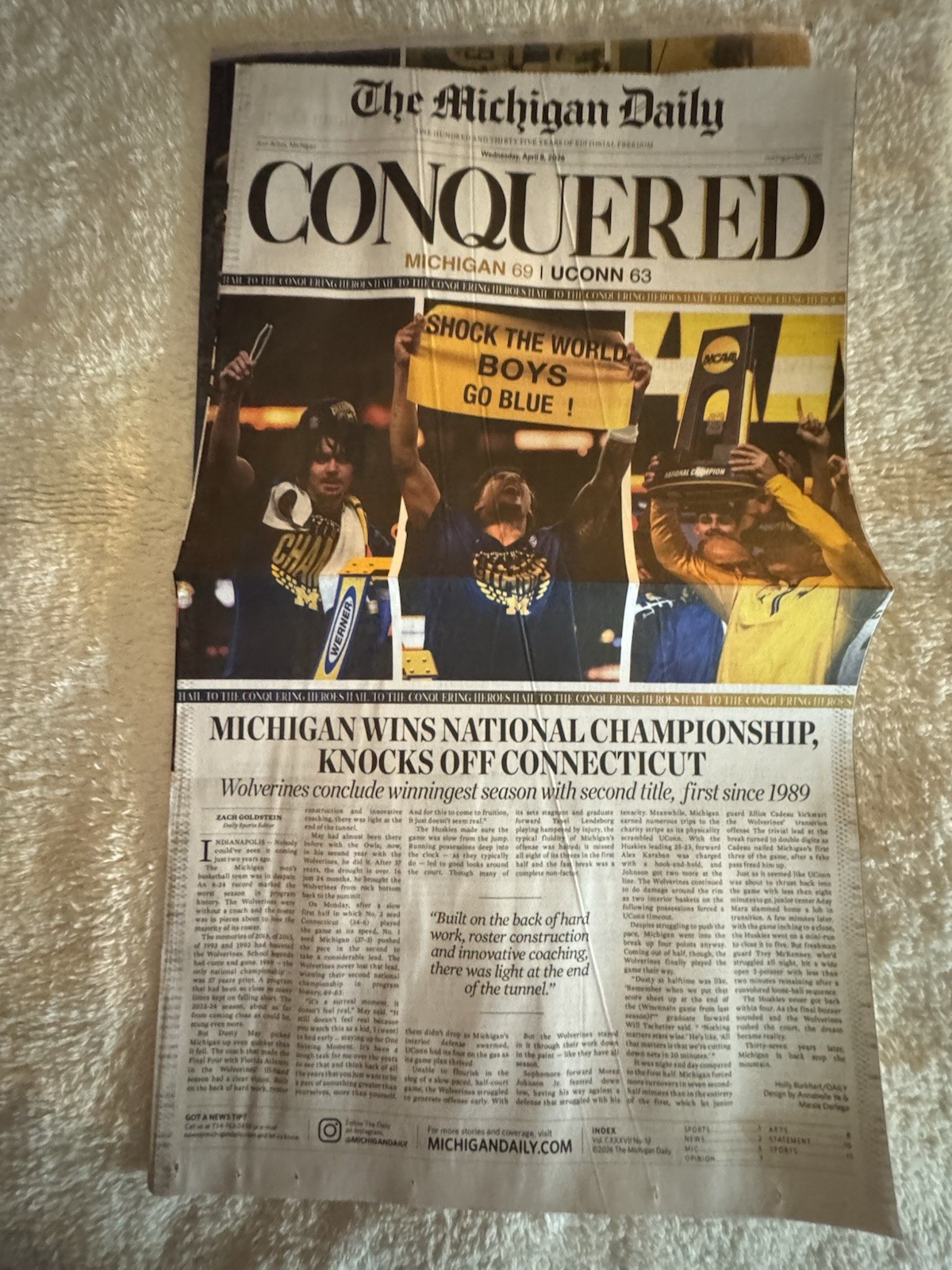 Michigan Daily Newspaper MICHIGAN BASKETBALL CHAMPIONS “CONQUERED”4/8/26 NEW