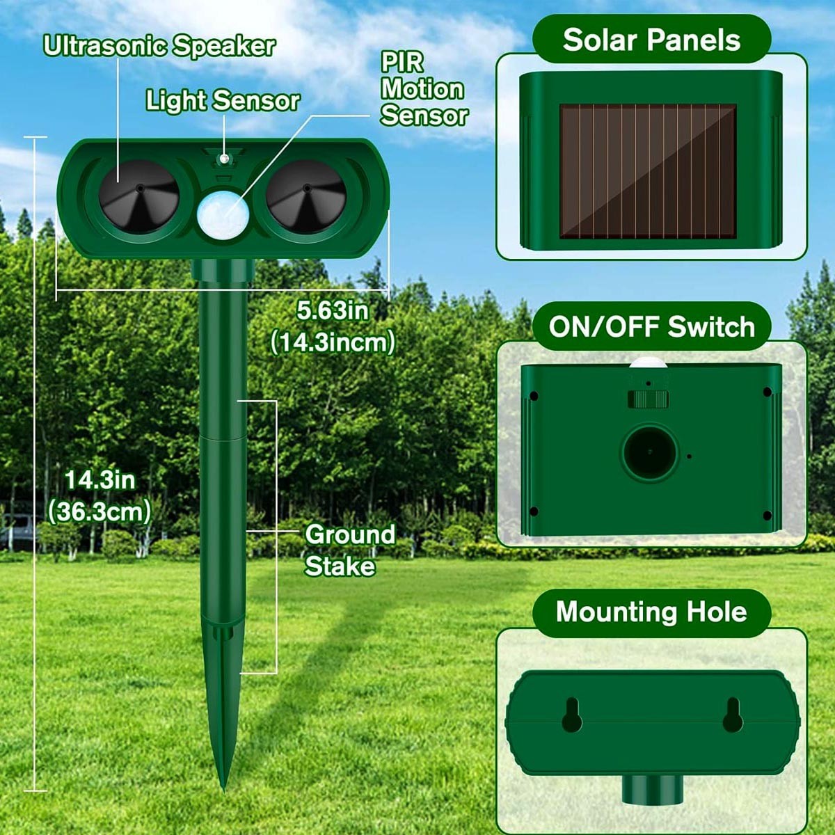 Motion Sensor Solar Ultrasonic Bird Repellers Pest Control Scarer Deterrent Fox