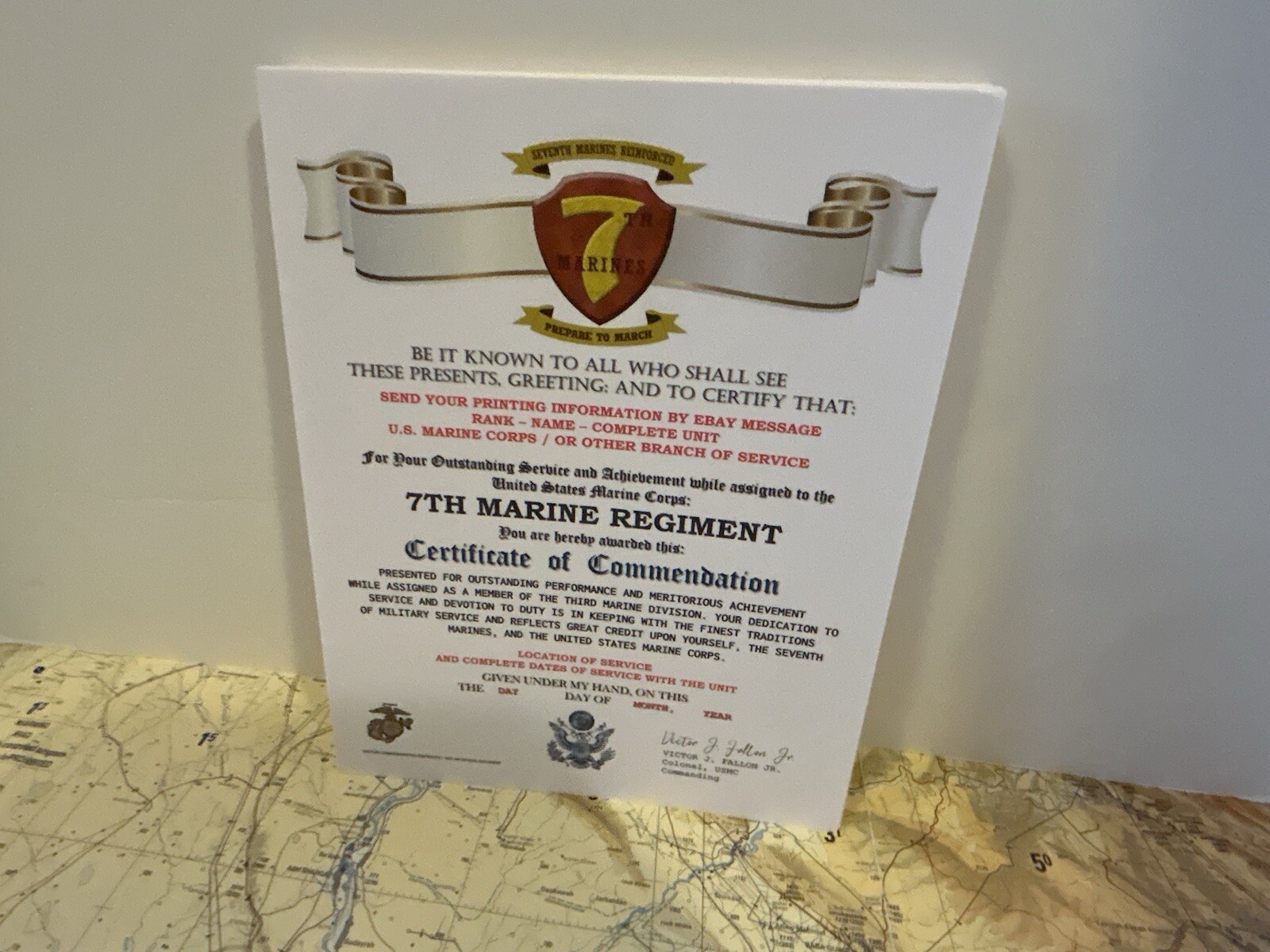 U.S. MARINE CORPS / 7TH MARINE REGIMENT (3 MARDIV) - CERTIFICATE OF COMMENDATION