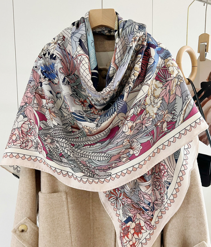70%Cashmere 30% Silk Wrap Scarf Flower Forest Print Double Face Print Shawl 53''