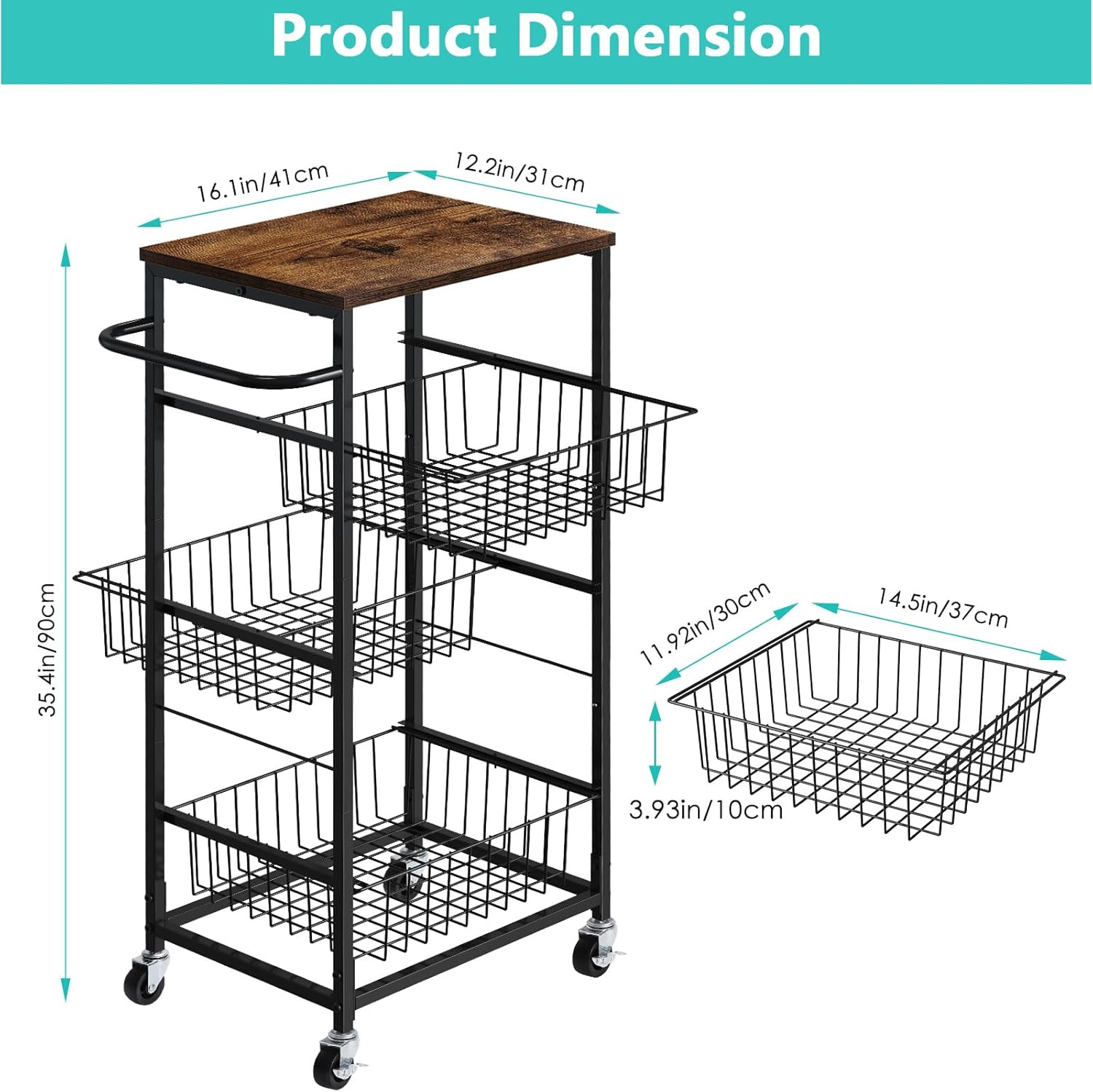 4 Tier Kitchen Storage Cart, Snack Rack Cart with Pull-Out Fruit Baskets, Mobile
