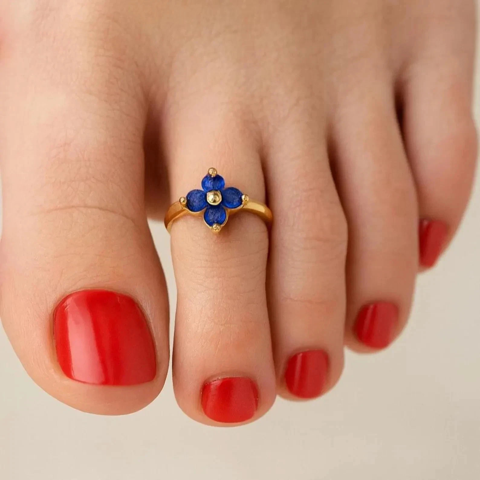 1Ct Lab Created Blue Topaz Foot Jewelry Flower Toe Ring 14K Yellow Gold Plated