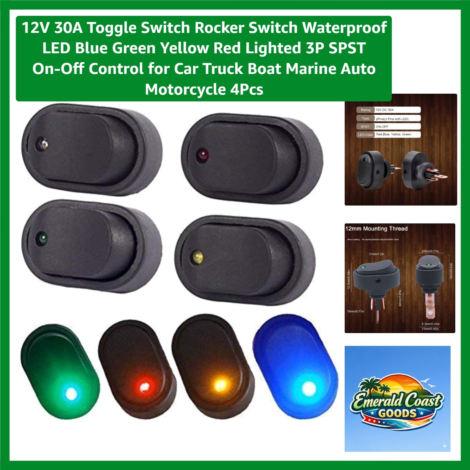 Colorful 12V 30A Rocker Switch with Waterproof LED for Auto & Marine - Pack of 4
