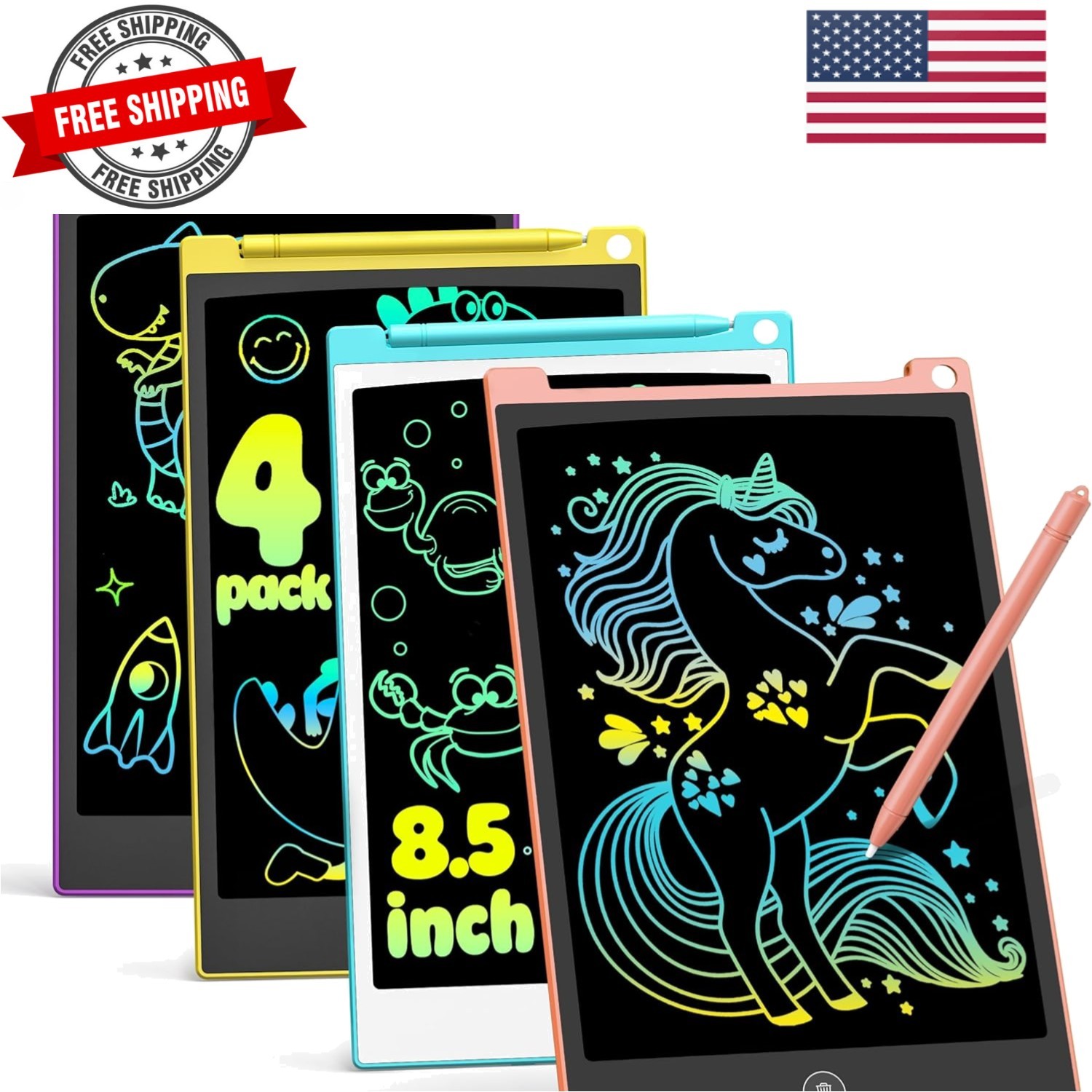 4 Pack LCD Writing Tablet, 8.5 Inch Colorful Drawing Board, Kids Travel Games...