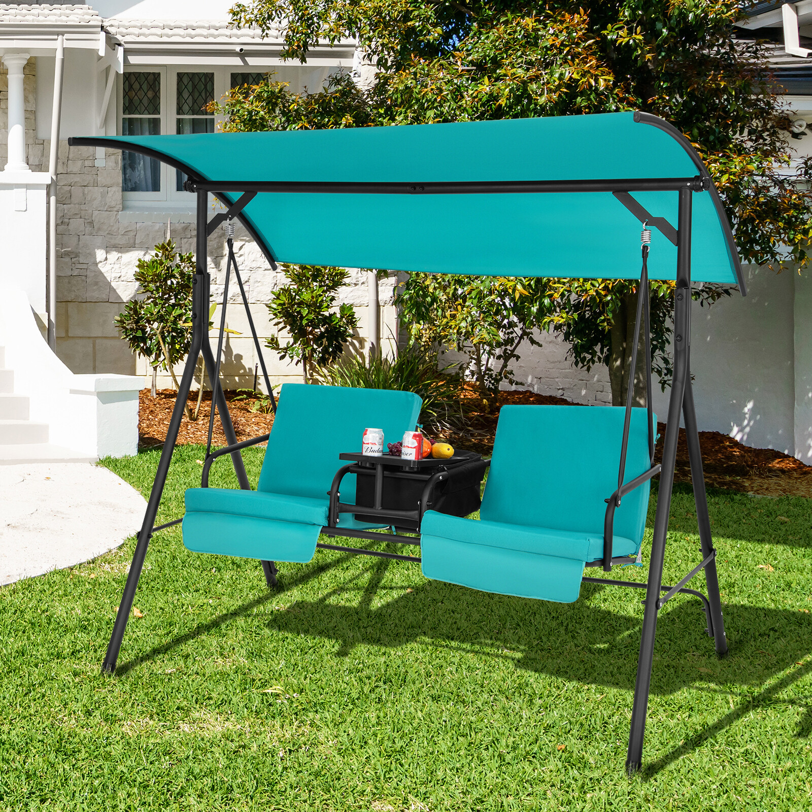 2-Person Porch Swing Chair with Adjustable Canopy & Removable Cushions Turquoise