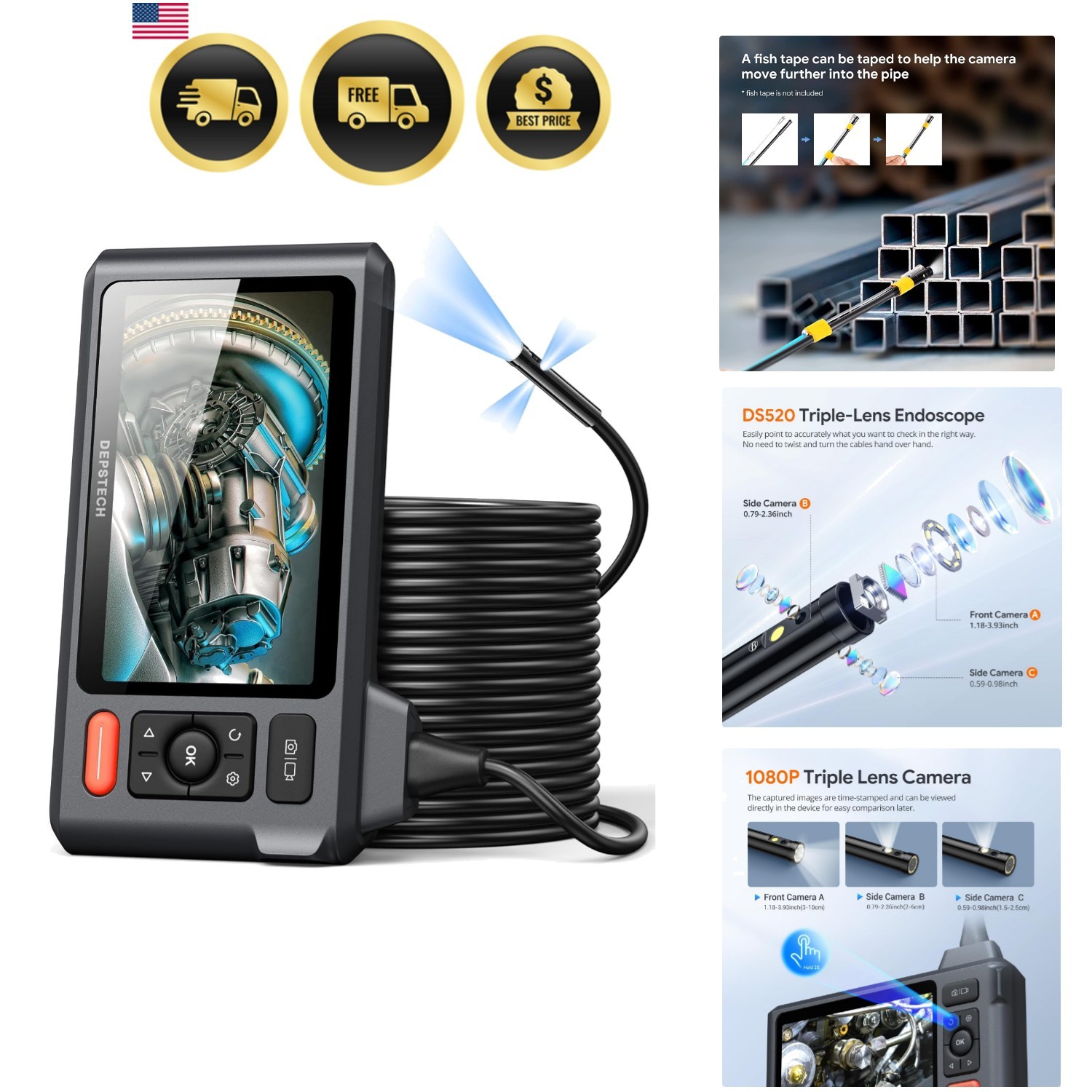 50FT Endoscope Camera with Light: Triple Lens 5" IPS Screen Sewer Inspection ...