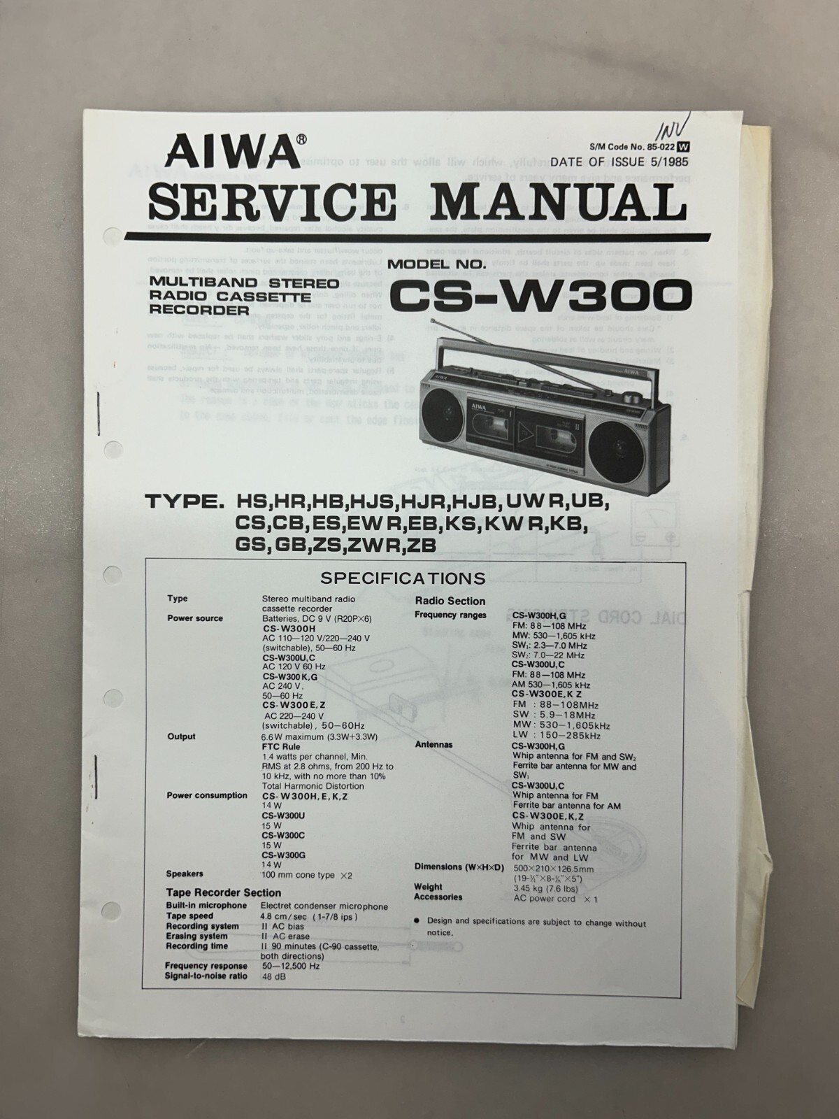 Aiwa CS-W300 Original Service Manual Free Shipping