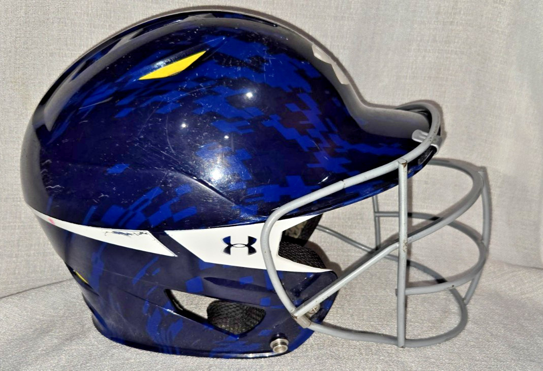 Under Armour Softball Batting Helmet SZ Medium W/ I Bar Vision Cage Blue Camo