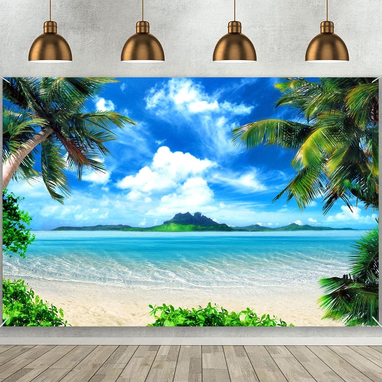 Maqtt 10X8Ft Hawaiian Tropic Palm Tree Beach Ocean Blue Sky And White Clouds